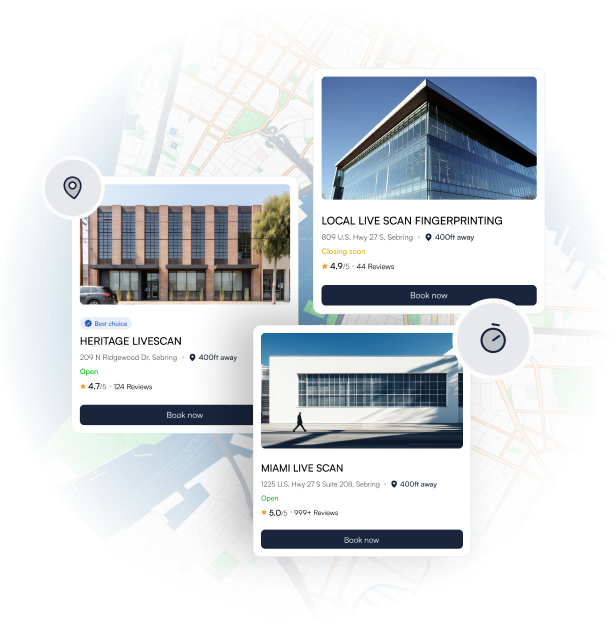 Map interface showing multiple LiveScan business listings with location pins and business cards displaying ratings, addresses, and booking options