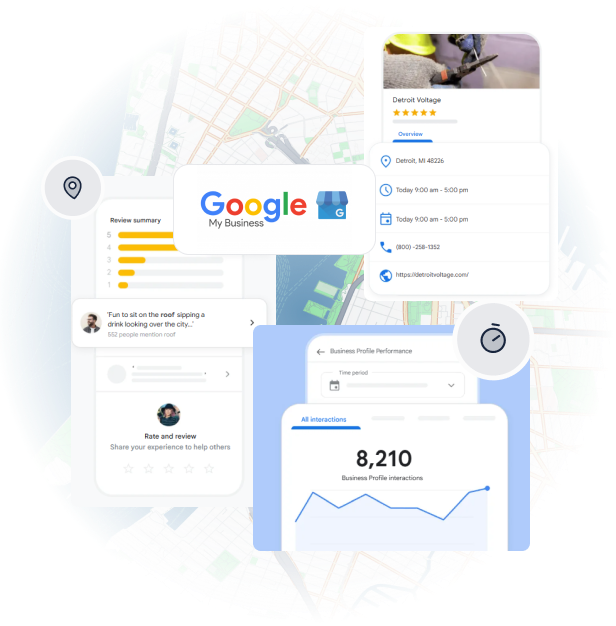 Google My Business dashboard interface showing business profile management, analytics with 8,210 interactions, review management, and location mapping features